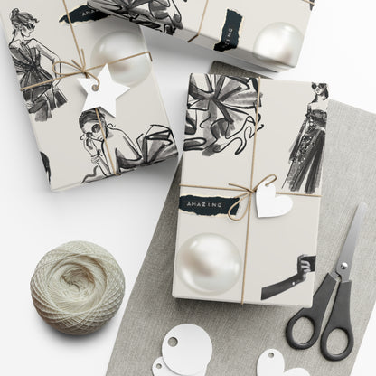 B&W Fashion Illustration Gift Wrapping Paper | Elegant Sketches on Bone White
