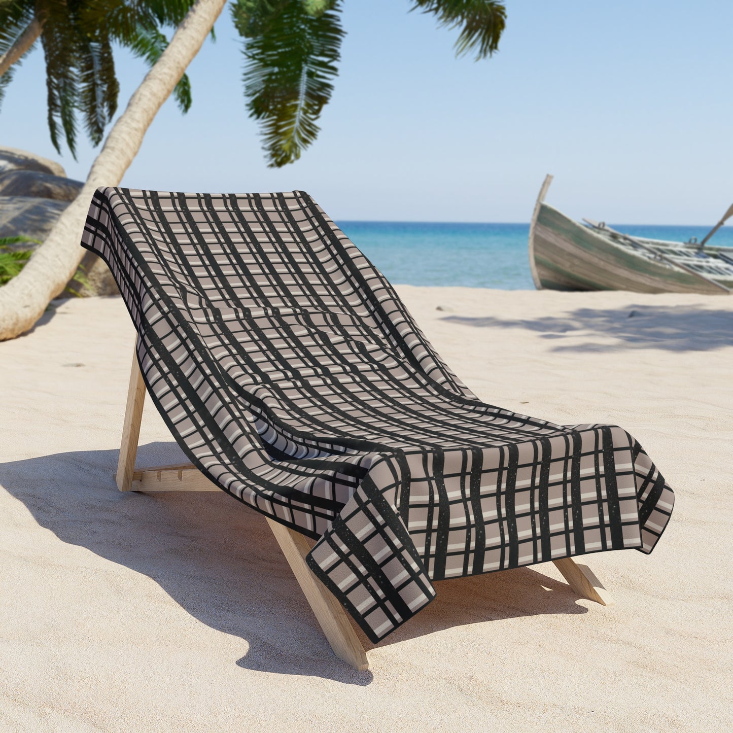 Tan, Black, and Black Glitter Plaid Beach Towel