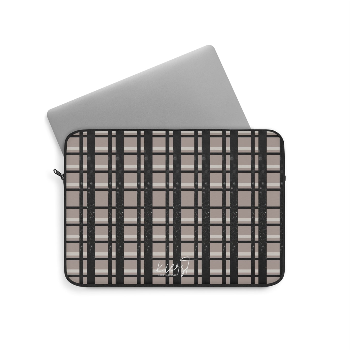 Signature Taupe & Black Printed Glitter Plaid Laptop Sleeve | Classic with a Twist