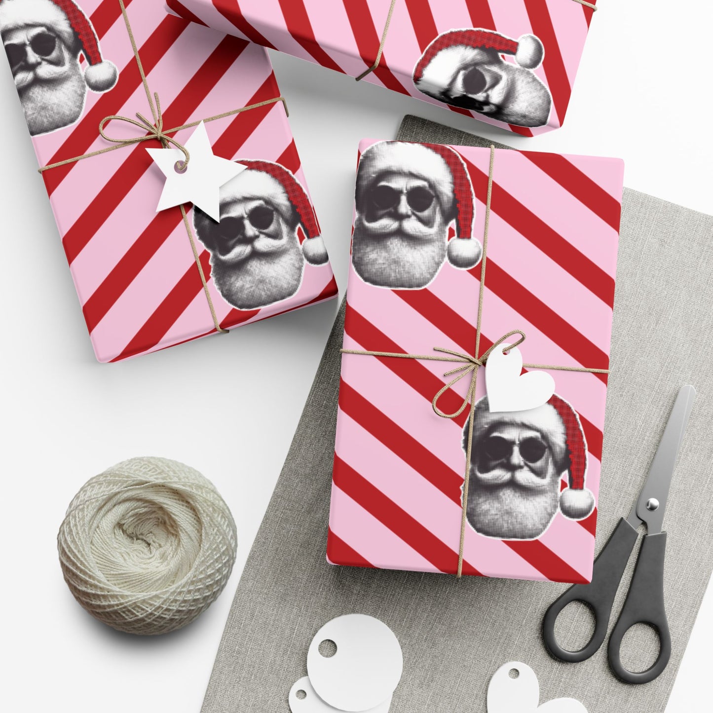 Cool Santa on Pink and Red Diagonal Striped Gift Wrapping paper