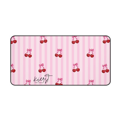 Cherries on Pink Stripes Desk Mat