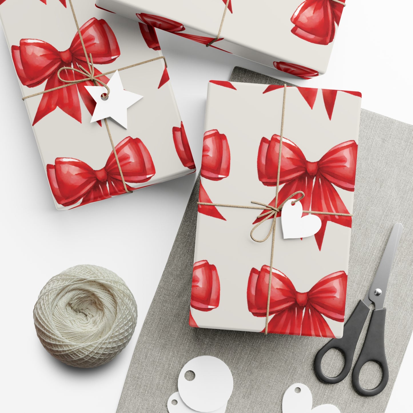 Printed Red Bows on Bone Gift Wrapping Paper