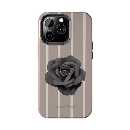 Cream and Brown Vertical Stripes with Black Rose iPhone Case