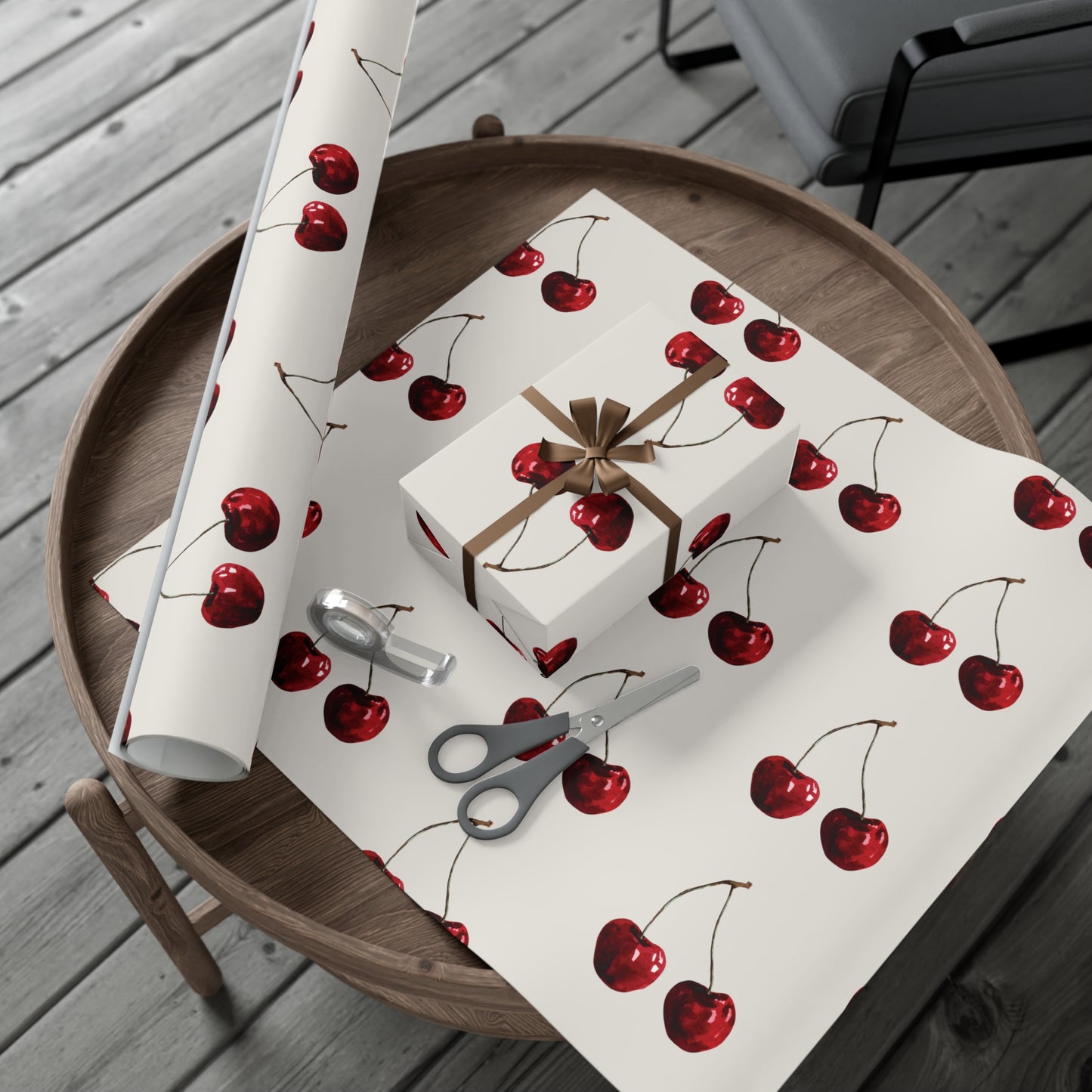 Moody Cherry Stem Gift Wrapping Paper – Glossy Red Fruit on Bone Color