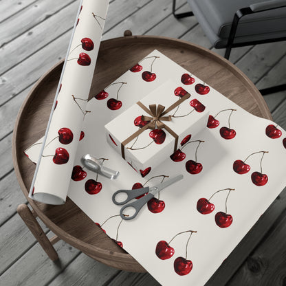 Moody Cherry Stem Gift Wrapping Paper – Glossy Red Fruit on Bone Color