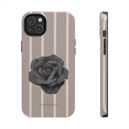 Cream and Brown Vertical Stripes with Black Rose iPhone Case