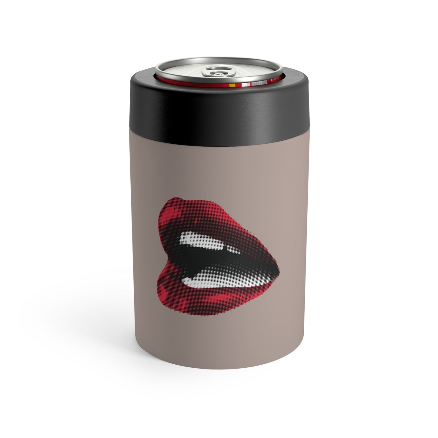 Siren Lips Can Holder – Taupe with Vintage Red Lipstick Print