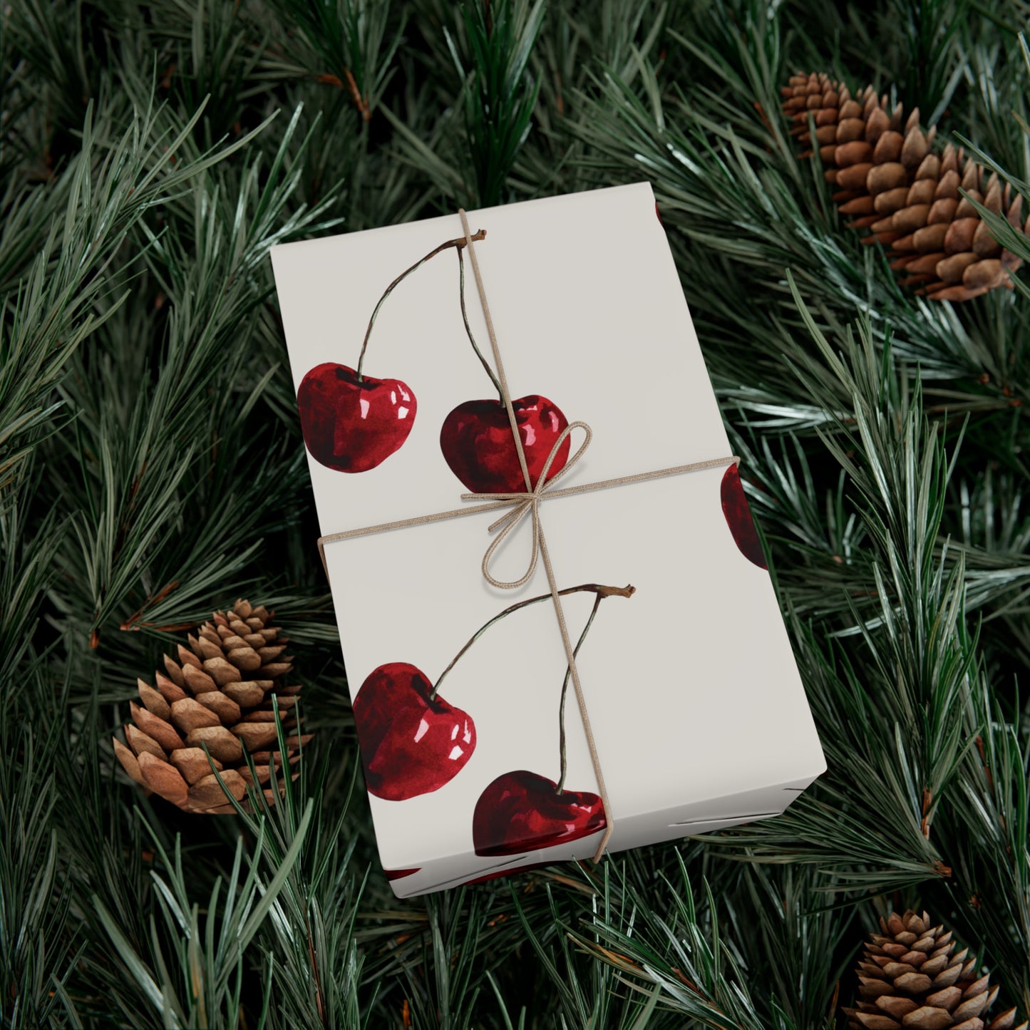 Moody Cherry Stem Gift Wrapping Paper – Glossy Red Fruit on Bone Color
