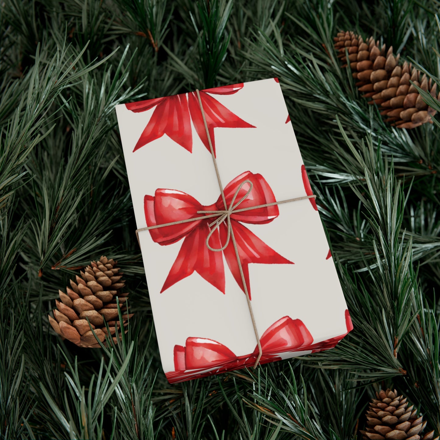 Printed Red Bows on Bone Gift Wrapping Paper