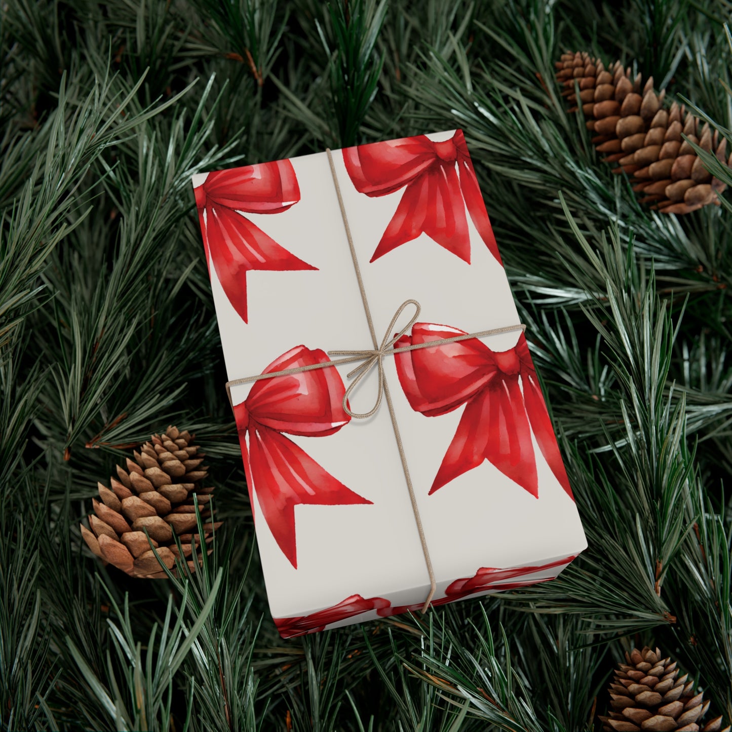 Printed Red Bows on Bone Gift Wrapping Paper