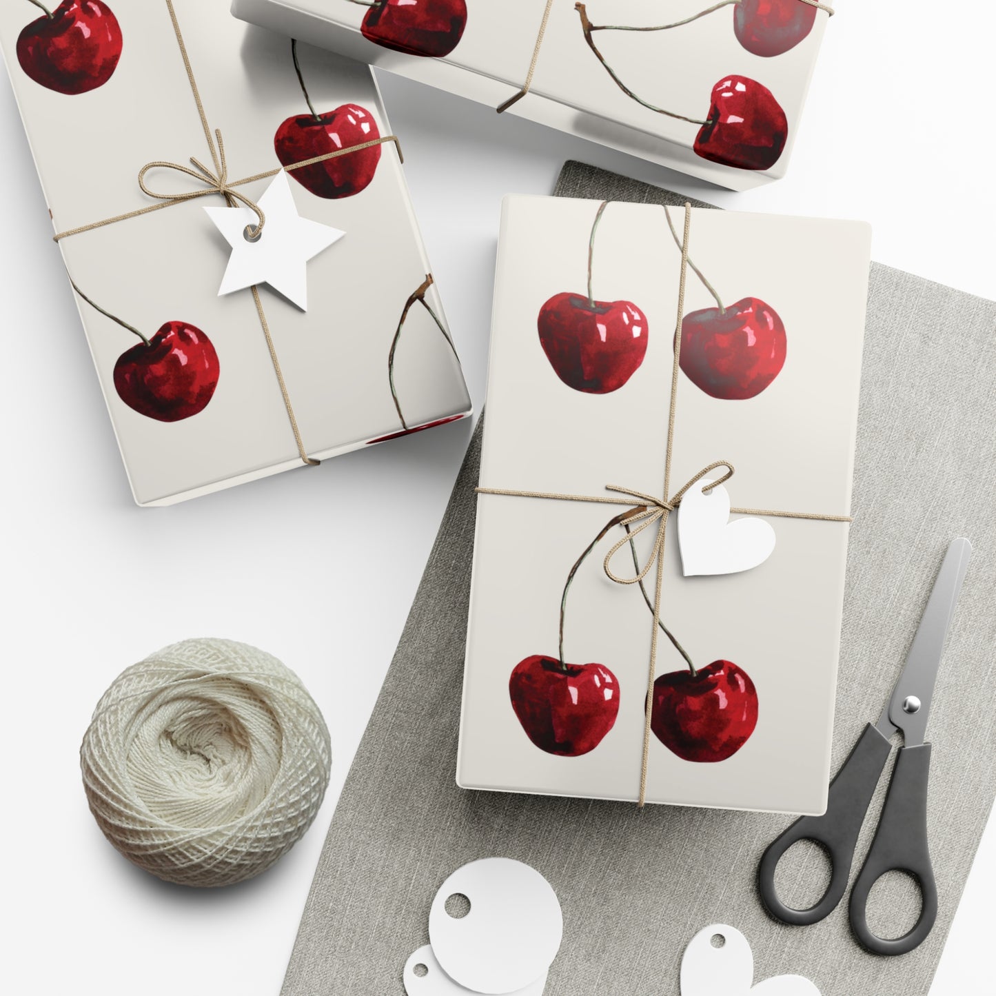 Moody Cherry Stem Gift Wrapping Paper – Glossy Red Fruit on Bone Color