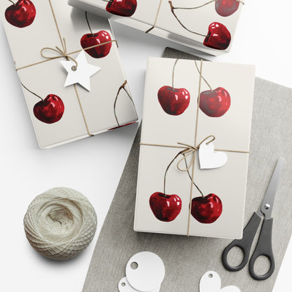 Moody Cherry Stem Gift Wrapping Paper – Glossy Red Fruit on Bone Color