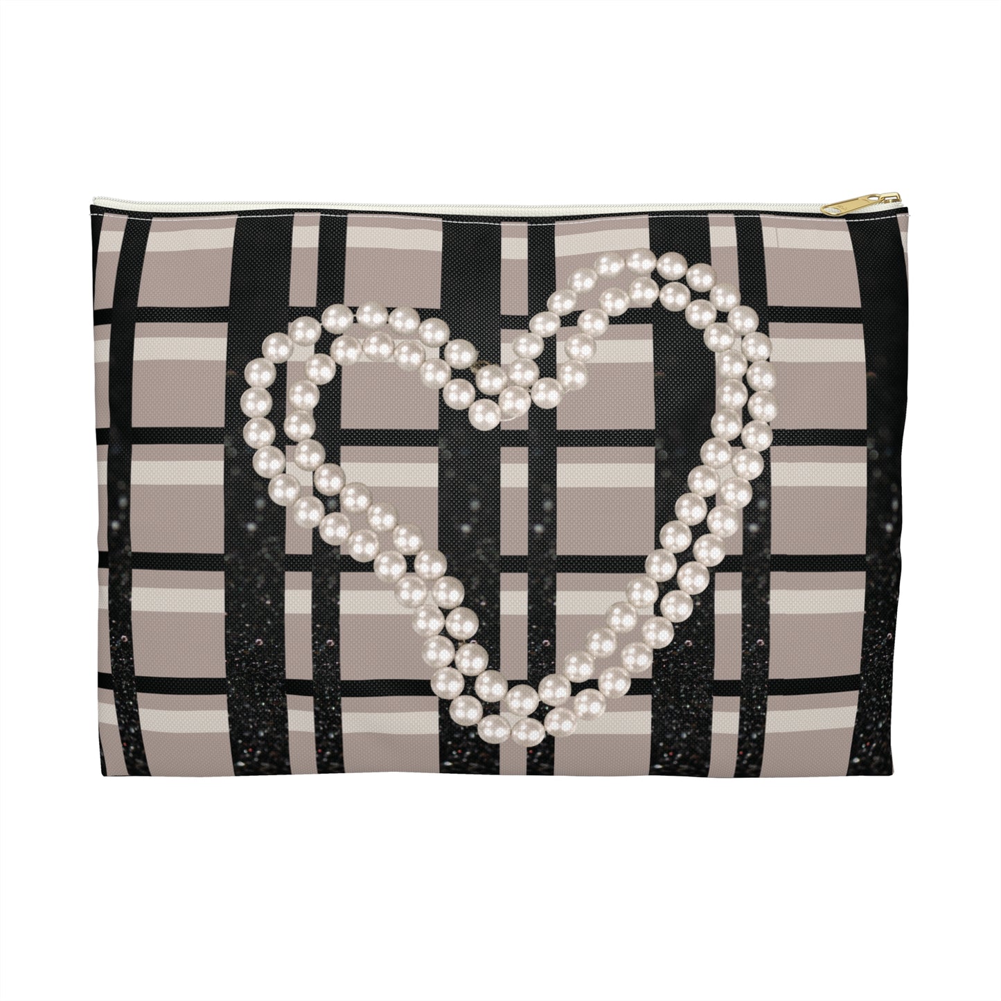 Taupe, Black, and Black Glitter Plaid with Pearl Necklace Accessory Pouch