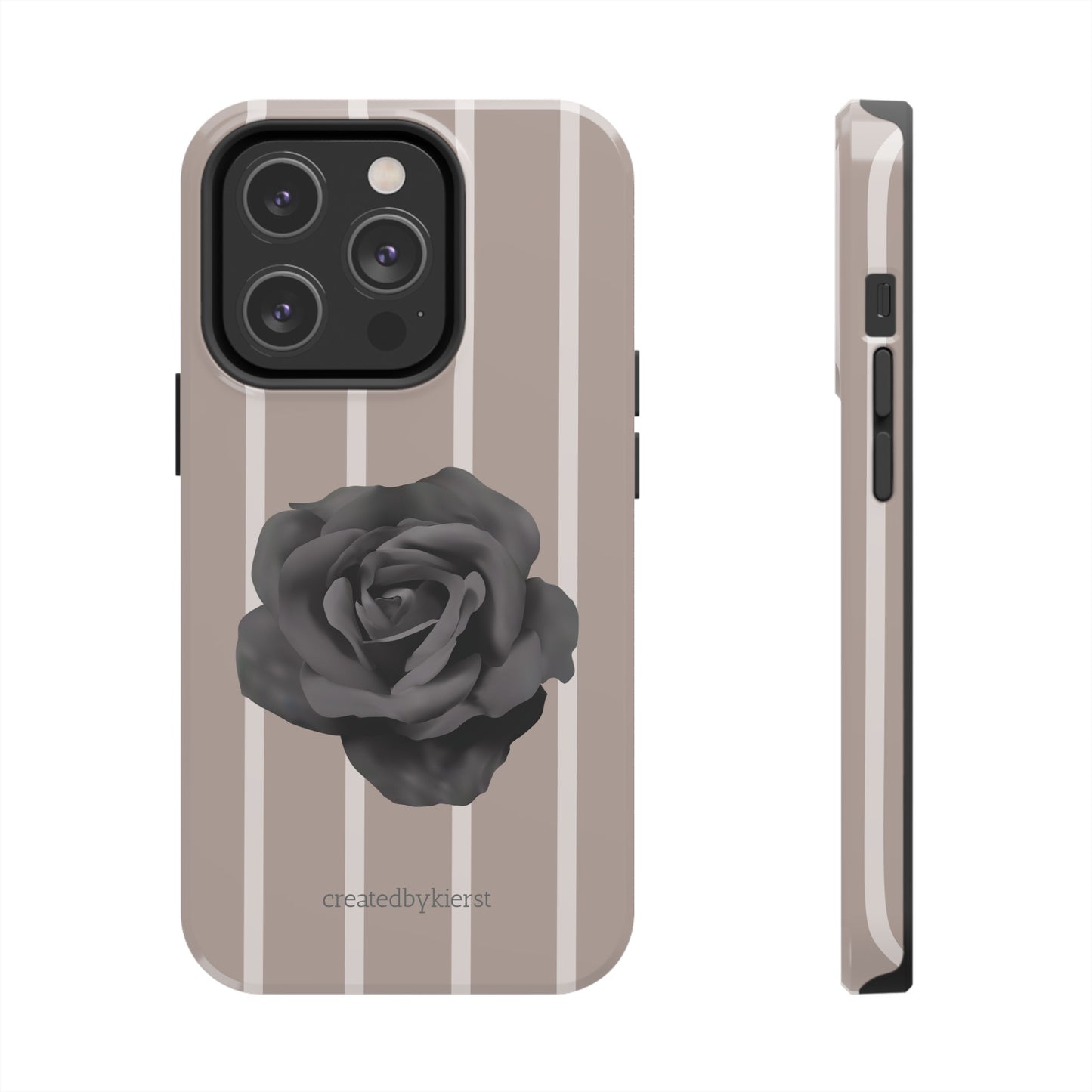 Cream and Brown Vertical Stripes with Black Rose iPhone Case