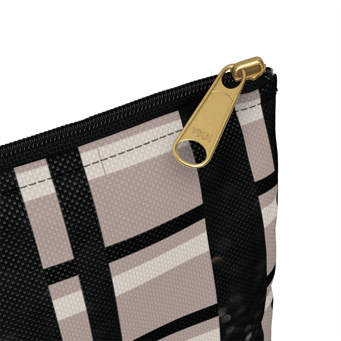Plaid Luxe Accessory Pouch – Taupe, Black, and Glitter Detail in a Chic Grid