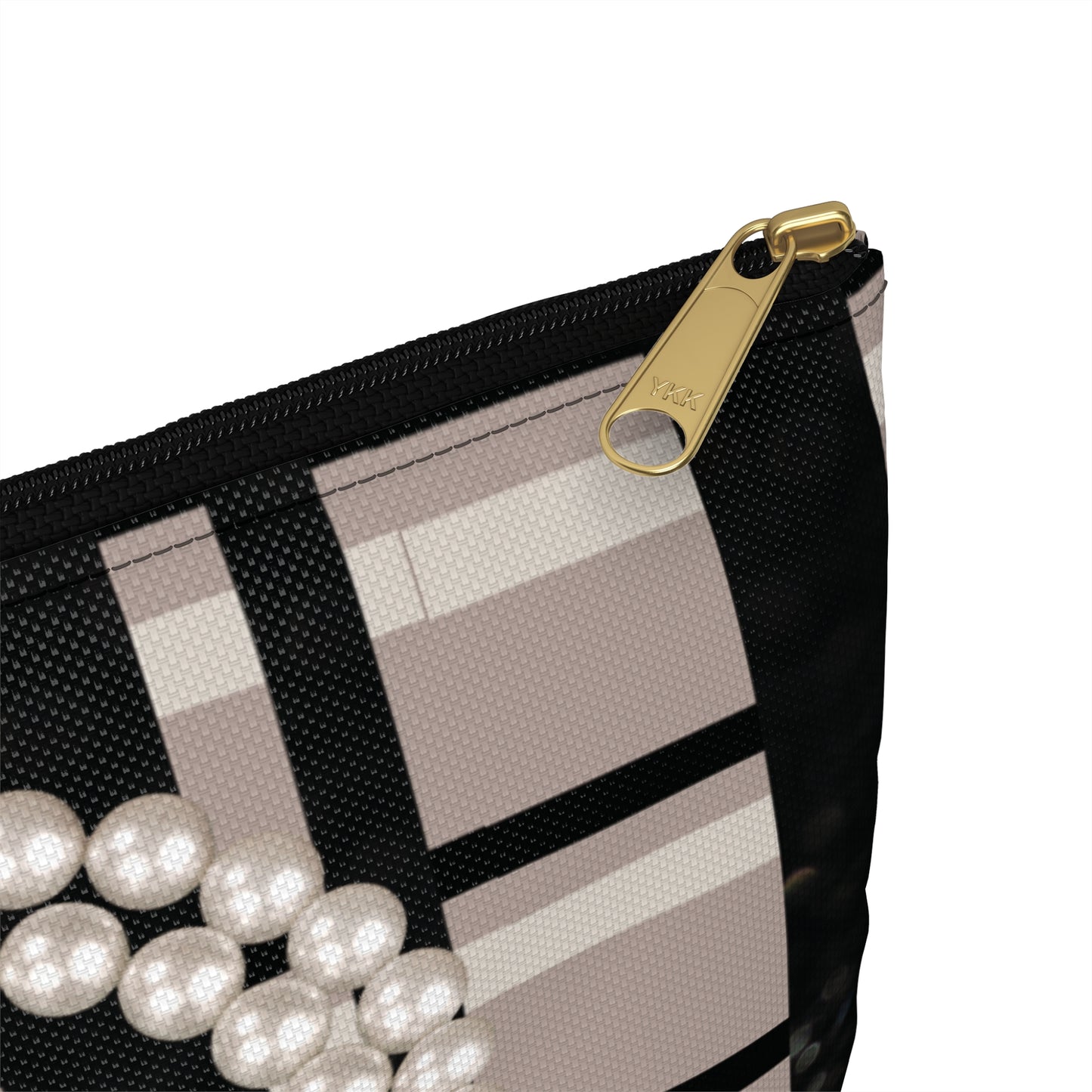 Taupe, Black, and Black Glitter Plaid with Pearl Necklace Accessory Pouch