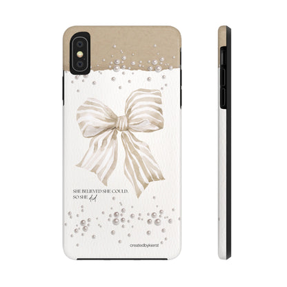 Tan and White Bow With Pearls She Believed She Could iPhone Case