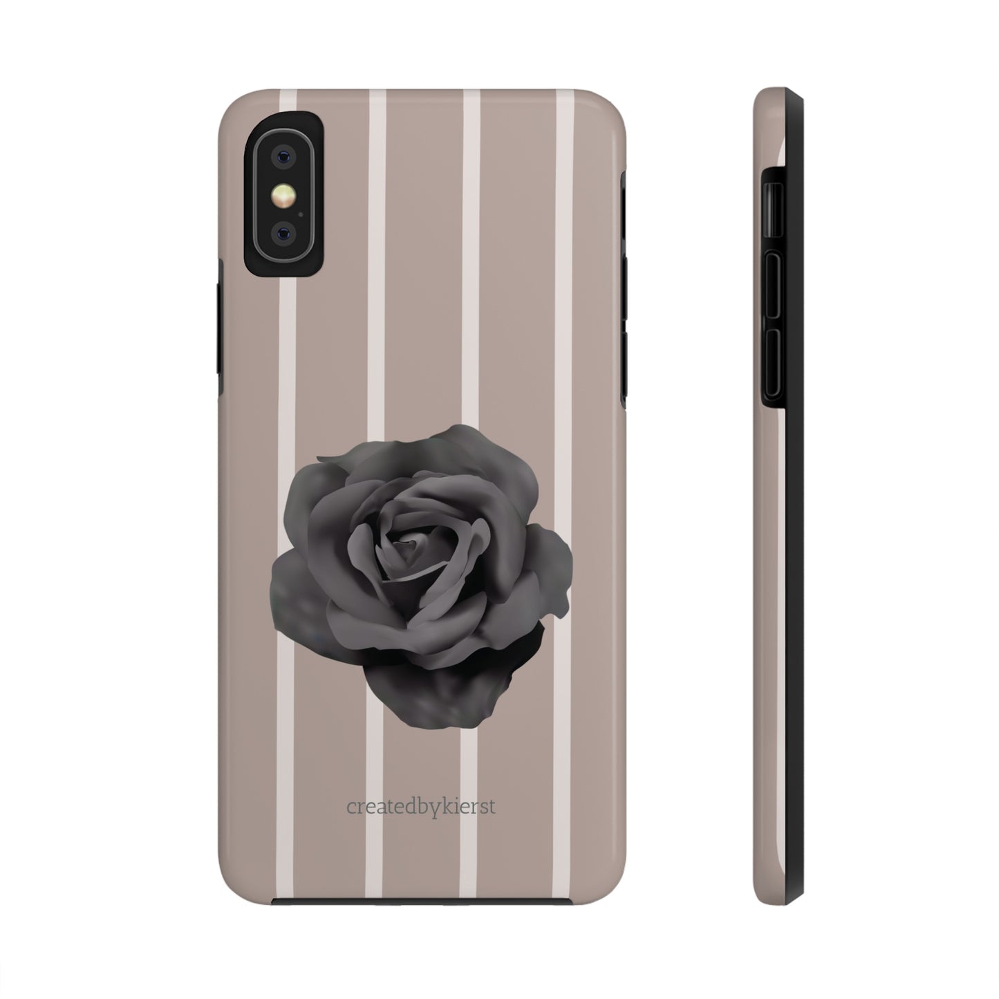 Cream and Brown Vertical Stripes with Black Rose iPhone Case