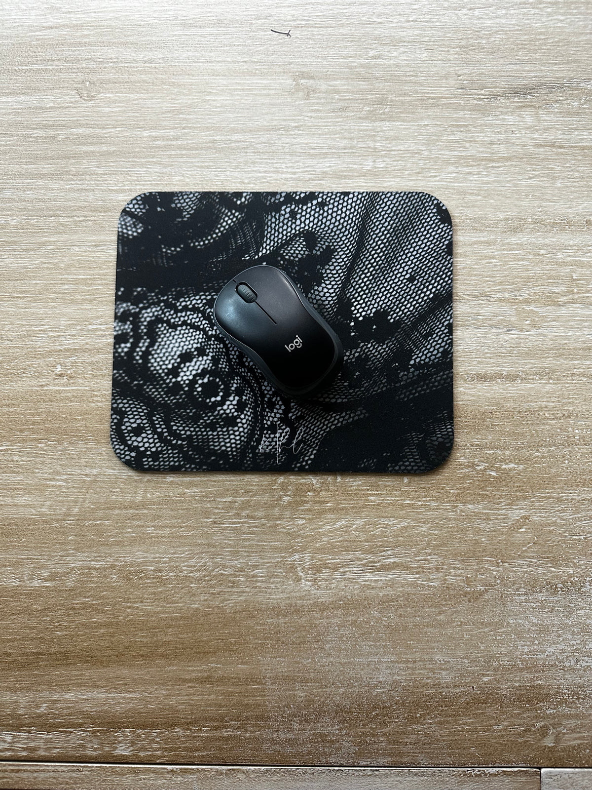 Black + White Lace Print Mouse Pad