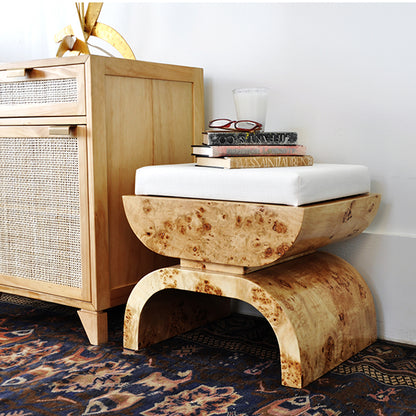 Biggs Stool in Burl Wood & White Linen