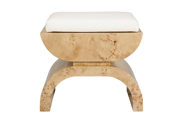 Biggs Stool in Burl Wood & White Linen