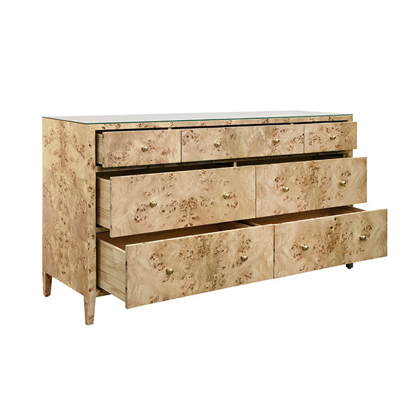 Carnegie Seven-Drawer Chest in Burl Wood & Brass