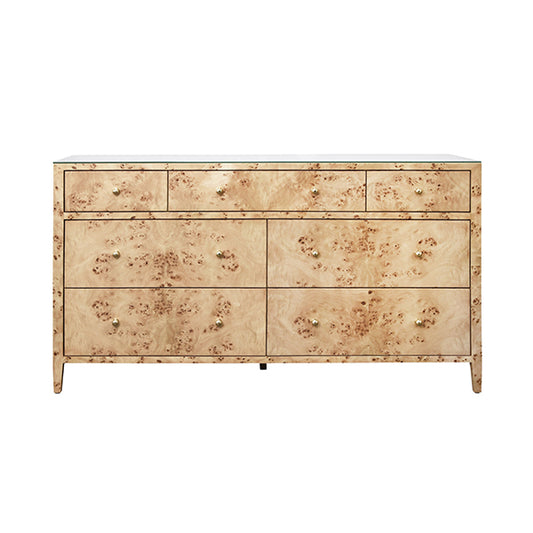 Carnegie Seven-Drawer Chest in Burl Wood & Brass