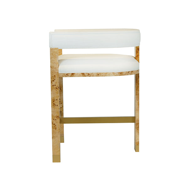 Cruise Counter Stool in Burl Wood & White Linen