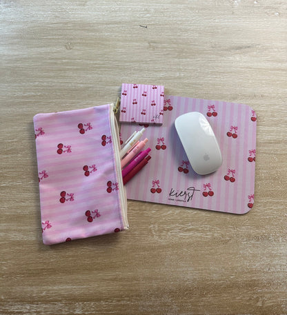 Cherries on Pink Stripes Mouse Pad