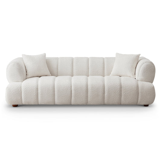 Jasmin Sofa– Cream Boucle or Tan Leather Curved Channel Tufted Sofa | Sculptural & Soft Luxury Seating for Living Rooms