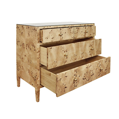Michelle Four-Drawer Chest in Burl Wood & Glass