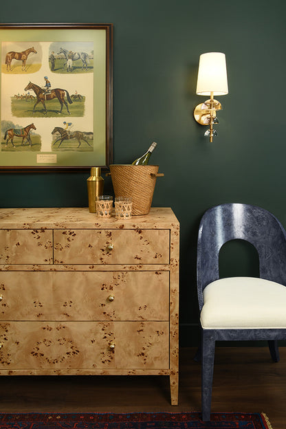 Michelle Four-Drawer Chest in Burl Wood & Glass