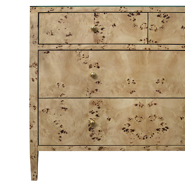 Michelle Four-Drawer Chest in Burl Wood & Glass