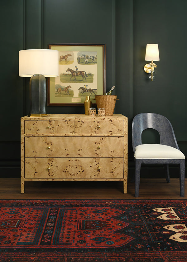 Michelle Four-Drawer Chest in Burl Wood & Glass