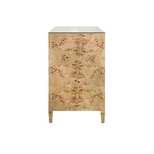 Michelle Four-Drawer Chest in Burl Wood & Glass