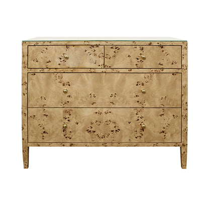 Michelle Four-Drawer Chest in Burl Wood & Glass