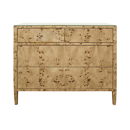 Michelle Four-Drawer Chest in Burl Wood & Glass