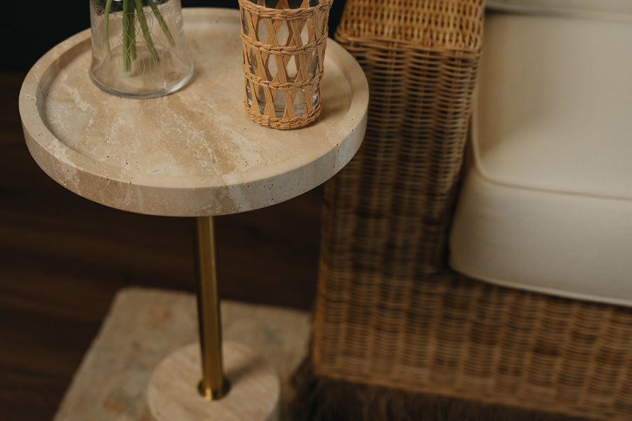 Natalia Cigar Table in Travertine & Brass