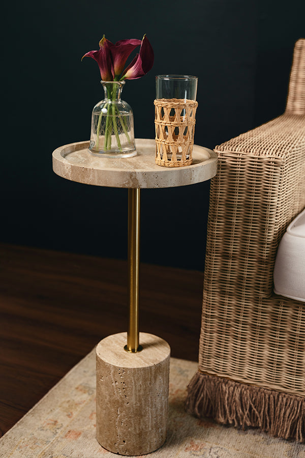 Natalia Cigar Table in Travertine & Brass