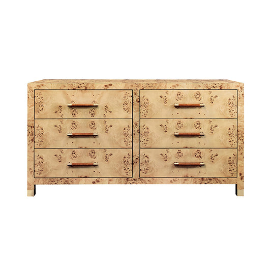 Winchester Six-Drawer Chest in Burl Wood & Rattan