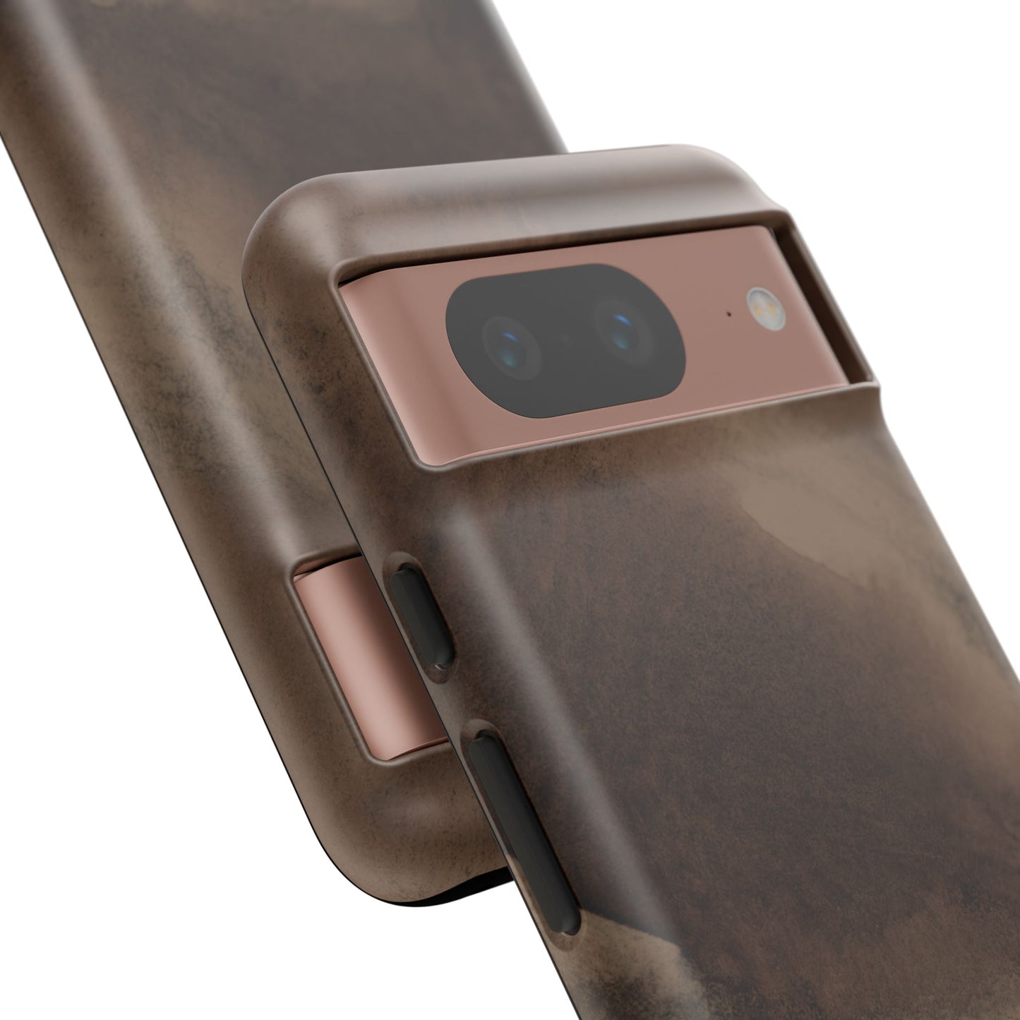 Brown phone case shown on rose gold phone on a white background